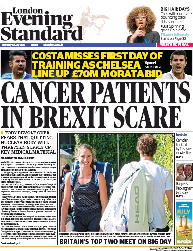 London Evening Standard Newspaper Front Page for 11 July 2017