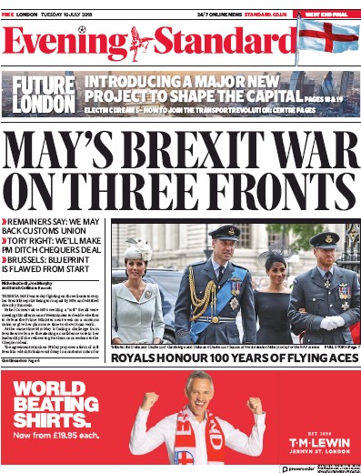 London Evening Standard Newspaper Front Page for 11 July 2018