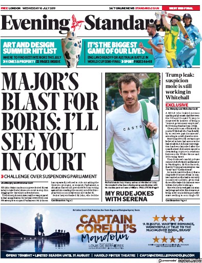 London Evening Standard Newspaper Front Page for 11 July 2019