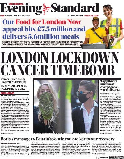 London Evening Standard Newspaper Front Page for 11 July 2020