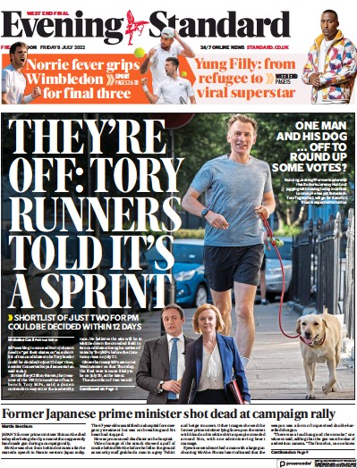 London Evening Standard Newspaper Front Page for 11 July 2022