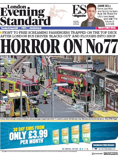 London Evening Standard Newspaper Front Page for 11 August 2017