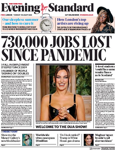 London Evening Standard Newspaper Front Page for 11 August 2020