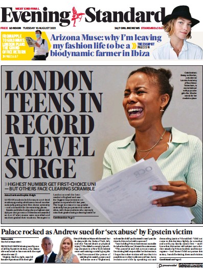London Evening Standard (UK) Newspaper Front Page for 11 August 2021