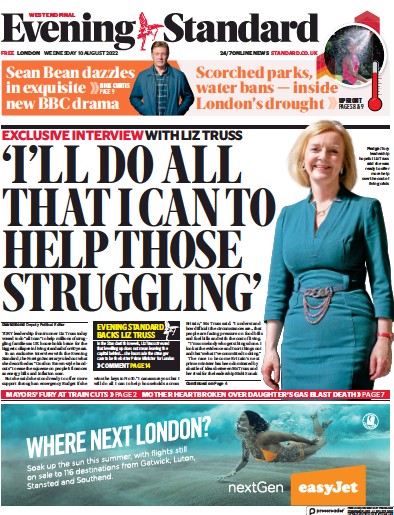 London Evening Standard (UK) Newspaper Front Page for 11 August 2022
