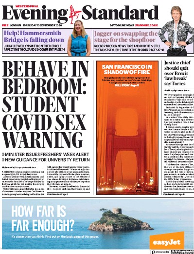 London Evening Standard (UK) Newspaper Front Page for 11 September 2020