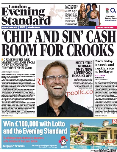 London Evening Standard (UK) Newspaper Front Page for 12 October 2015