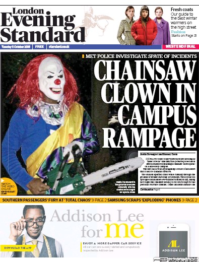 London Evening Standard Newspaper Front Page for 12 October 2016