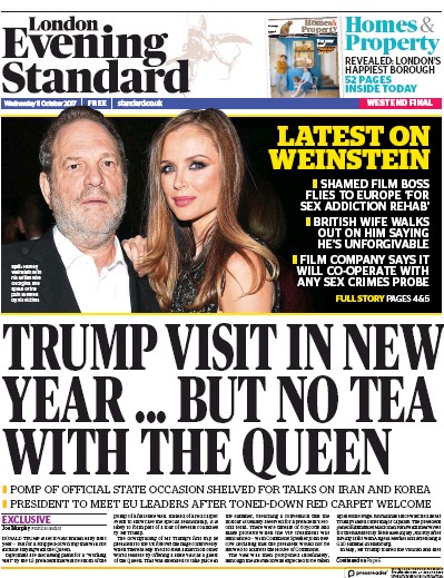 London Evening Standard Newspaper Front Page for 12 October 2017