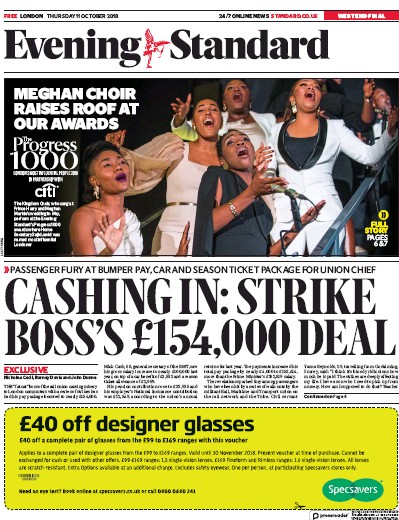 London Evening Standard Newspaper Front Page for 12 October 2018