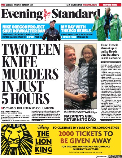 London Evening Standard Newspaper Front Page for 12 October 2019