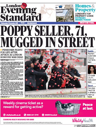 London Evening Standard Newspaper Front Page for 12 November 2015