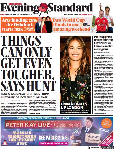 London Evening Standard (UK) Newspaper Front Page for 12 November 2022