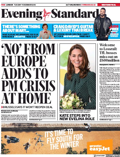London Evening Standard Newspaper Front Page for 12 December 2018