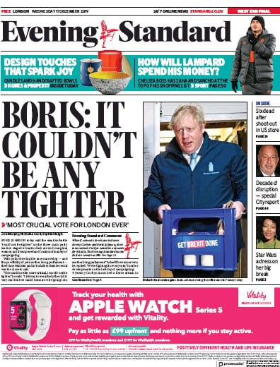 London Evening Standard Newspaper Front Page for 12 December 2019