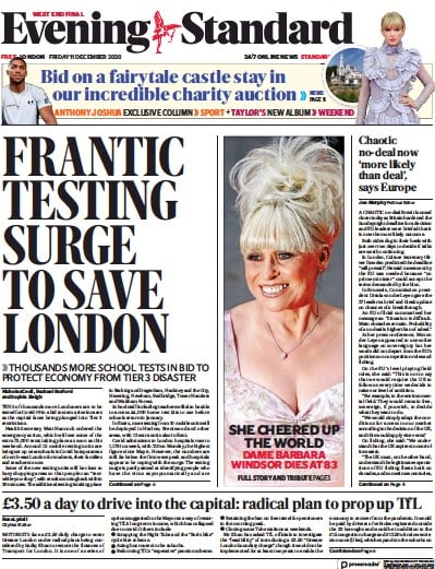 London Evening Standard Newspaper Front Page for 12 December 2020