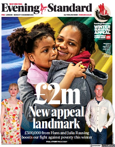 London Evening Standard Newspaper Front Page for 12 December 2023