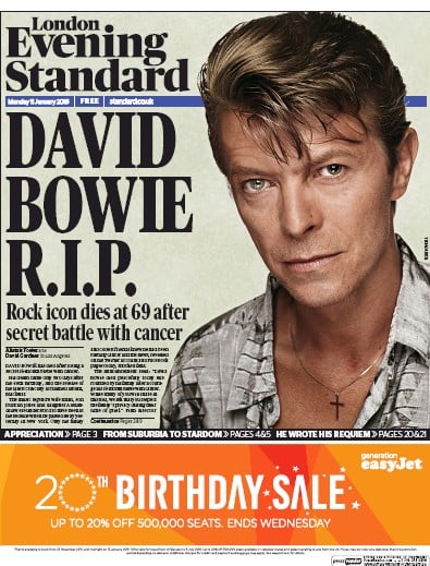 London Evening Standard Newspaper Front Page for 12 January 2016