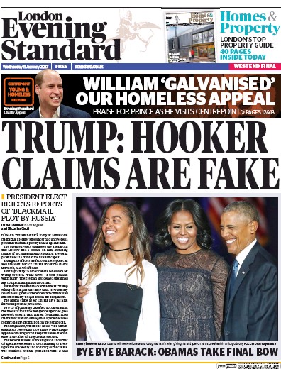 London Evening Standard Newspaper Front Page for 12 January 2017