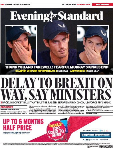 London Evening Standard Newspaper Front Page for 12 January 2019