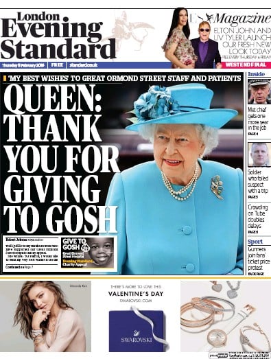 London Evening Standard Newspaper Front Page for 12 February 2016