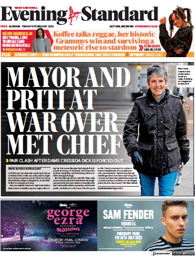 London Evening Standard Newspaper Front Page for 12 February 2022