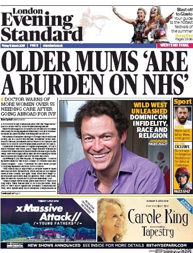 London Evening Standard Newspaper Front Page for 12 March 2016