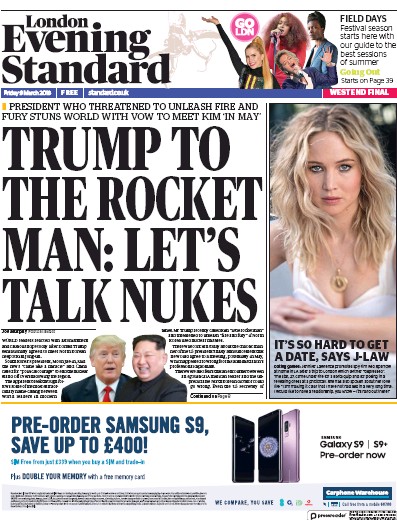 London Evening Standard (UK) Newspaper Front Page for 12 March 2018