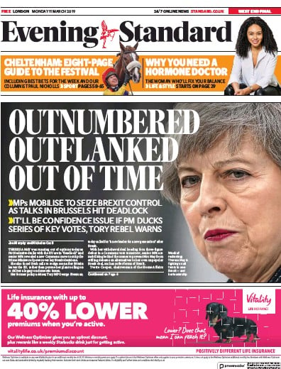 London Evening Standard Newspaper Front Page for 12 March 2019