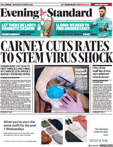 London Evening Standard Newspaper Front Page for 12 March 2020