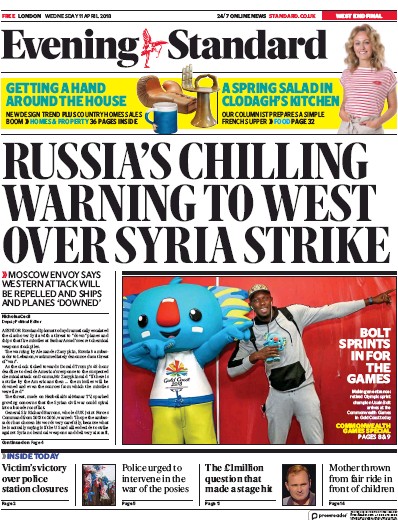 London Evening Standard Newspaper Front Page for 12 April 2018