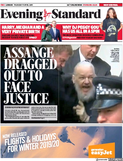 London Evening Standard Newspaper Front Page for 12 April 2019