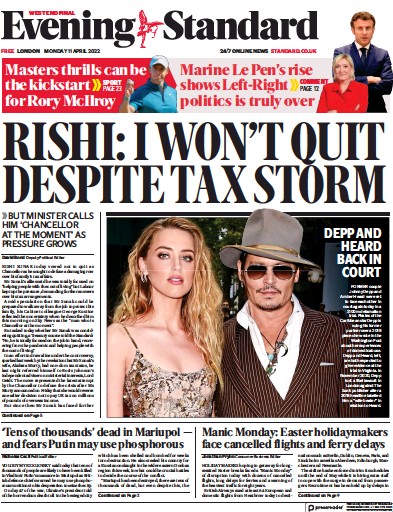 London Evening Standard Newspaper Front Page for 12 April 2022