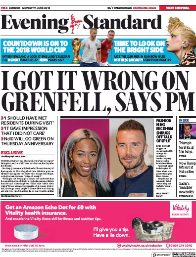 London Evening Standard Newspaper Front Page for 12 June 2018