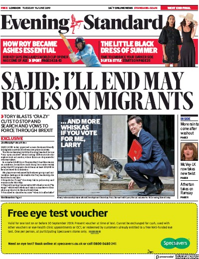 London Evening Standard Newspaper Front Page for 12 June 2019