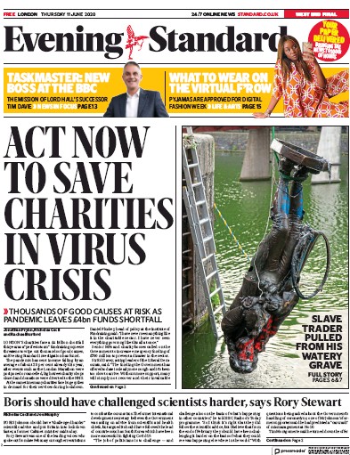 London Evening Standard (UK) Newspaper Front Page for 12 June 2020