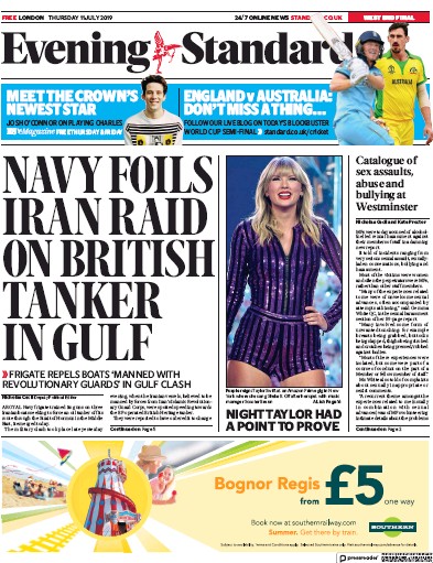 London Evening Standard Newspaper Front Page for 12 July 2019