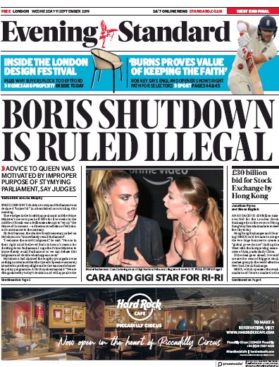 London Evening Standard Newspaper Front Page for 12 September 2019