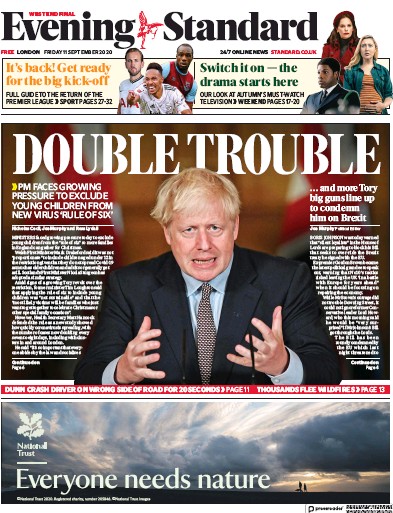 London Evening Standard Newspaper Front Page for 12 September 2020