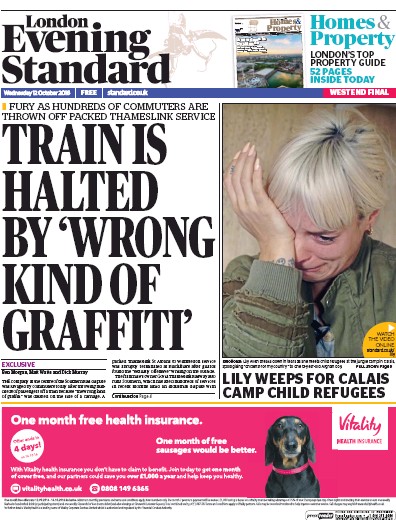 London Evening Standard Newspaper Front Page for 13 October 2016