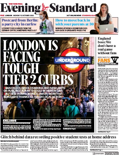 London Evening Standard Newspaper Front Page for 13 October 2020