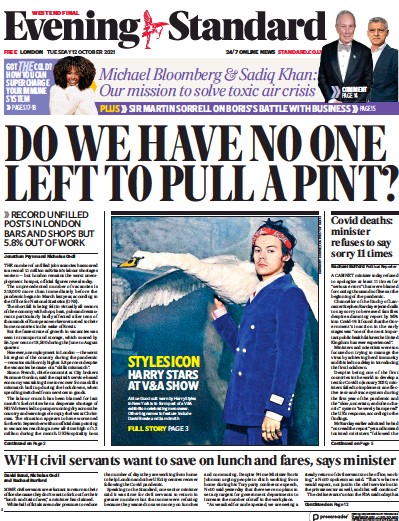 London Evening Standard (UK) Newspaper Front Page for 13 October 2021