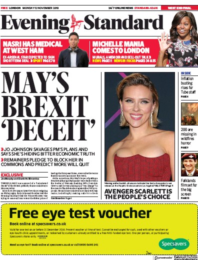 London Evening Standard Newspaper Front Page for 13 November 2018