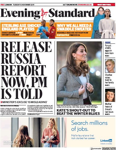 London Evening Standard Newspaper Front Page for 13 November 2019