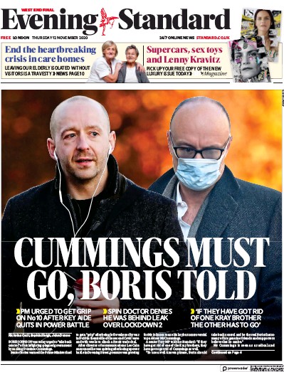 London Evening Standard Newspaper Front Page for 13 November 2020