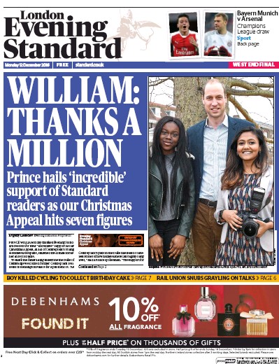 London Evening Standard (UK) Newspaper Front Page for 13 December 2016