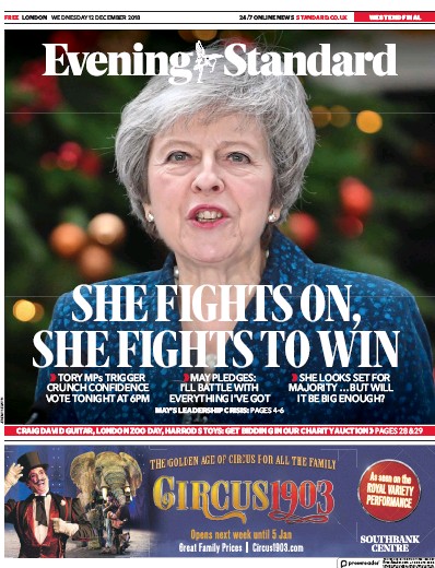 London Evening Standard Newspaper Front Page for 13 December 2018