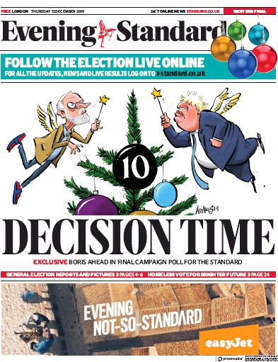 London Evening Standard Newspaper Front Page for 13 December 2019