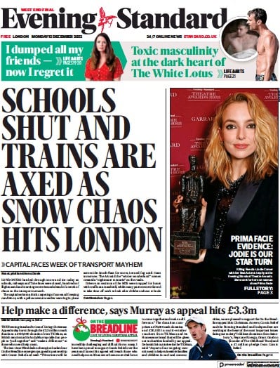 London Evening Standard Newspaper Front Page for 13 December 2022