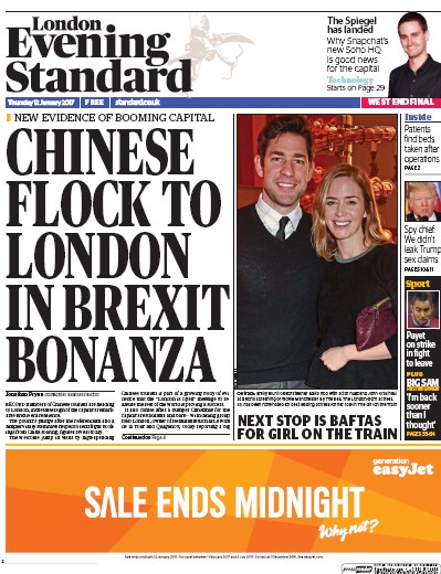 London Evening Standard Newspaper Front Page for 13 January 2017